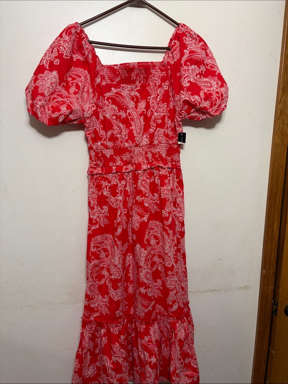Absolutely Famous Red Paisley Maxi with Puff Sleeves